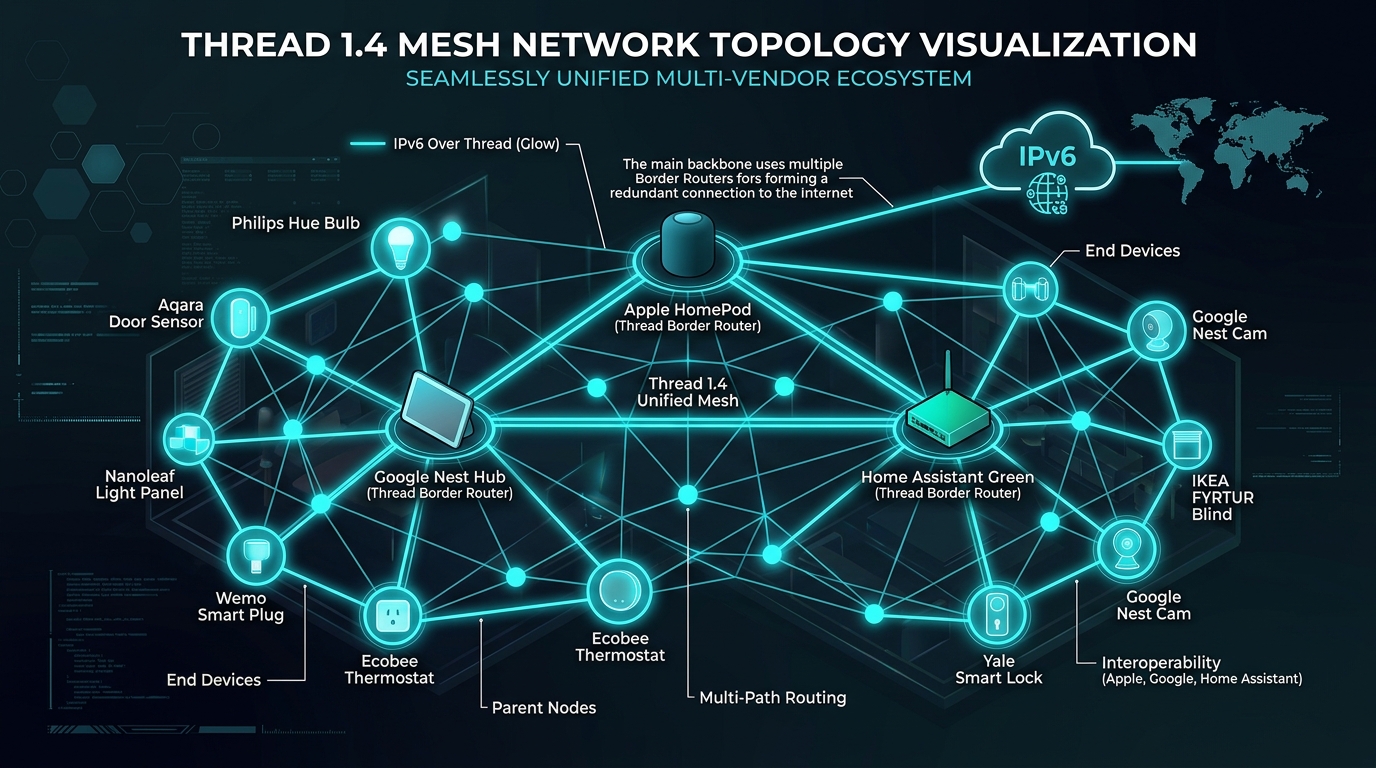 Thread 1.4 unified mesh network topology with Apple HomePod Google Nest Hub and Home Assistant border routers
