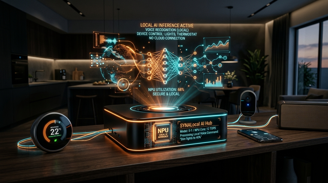 NPU-equipped smart home hub running local AI inference replacing cloud voice assistants