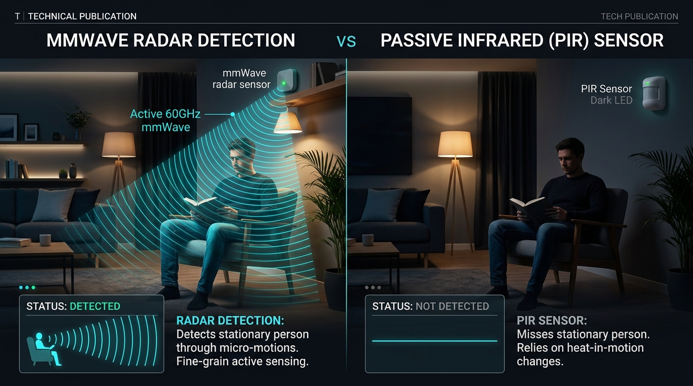 mmWave radar detection vs PIR sensor comparison showing stationary presence detection