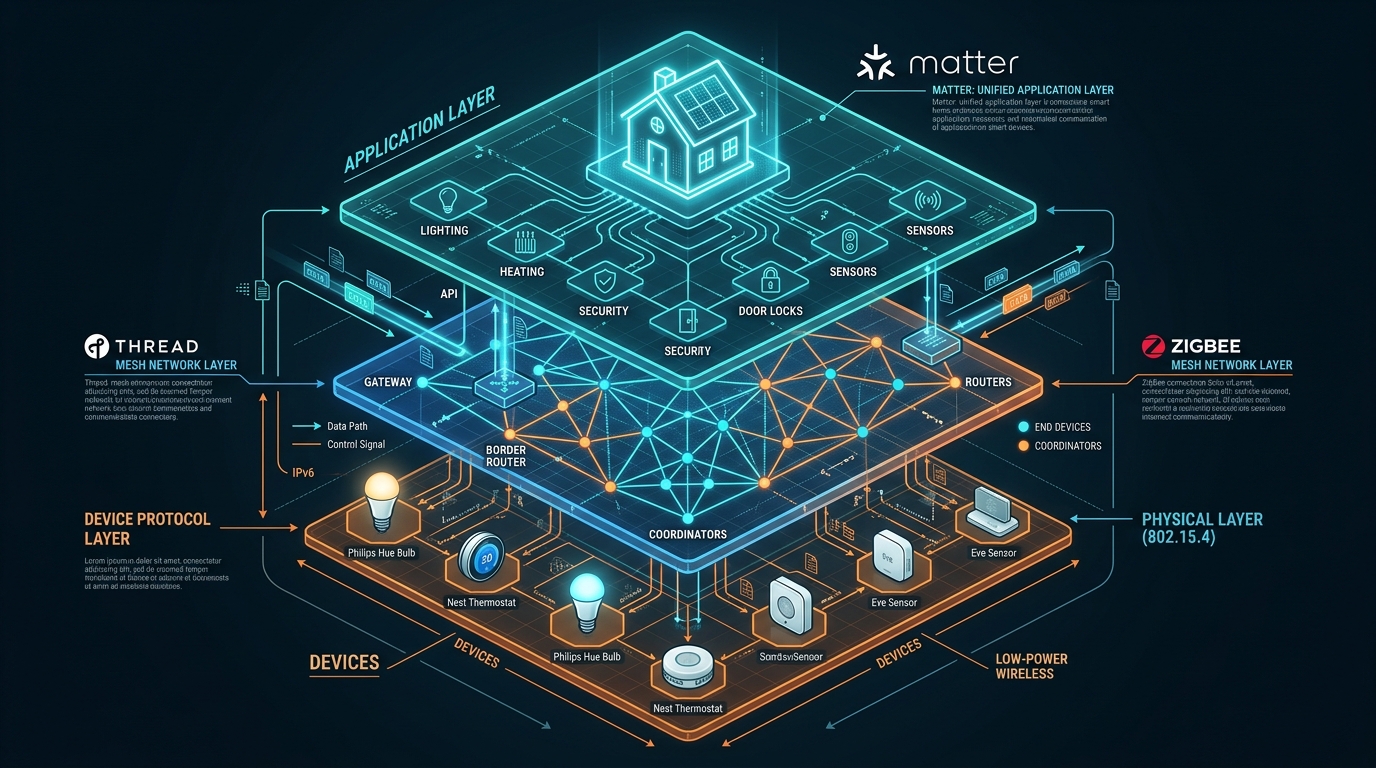 Matter Thread Zigbee protocol layer diagram showing application, mesh network, and device layers